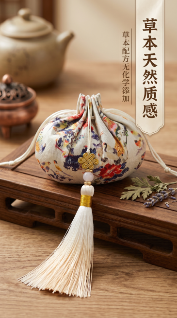 传统香囊，特写展示香囊的印花和中国结流苏细节，放置在新中式木质案台上，柔和古风光影，突出草本天然质感，淘宝电商主图，卖点标注草本配方无化学添加预览效果