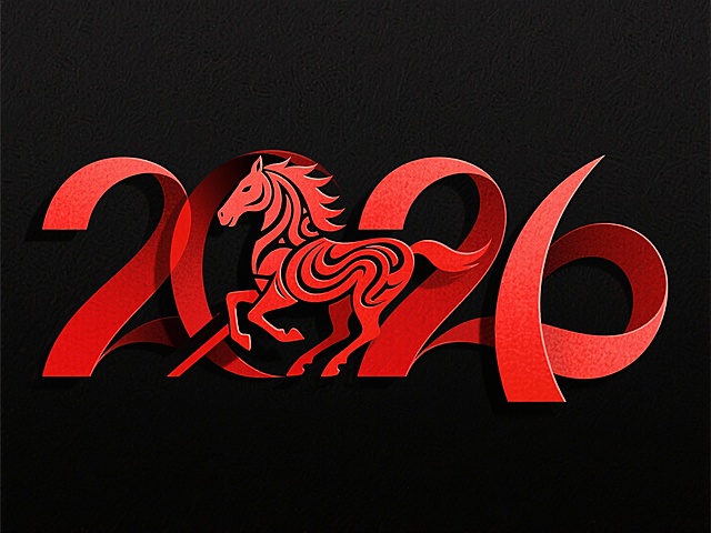 “2026”红色剪纸艺术字，数字笔划融入一匹马匹纹样装饰，四个数字必须清晰可辨，黑底