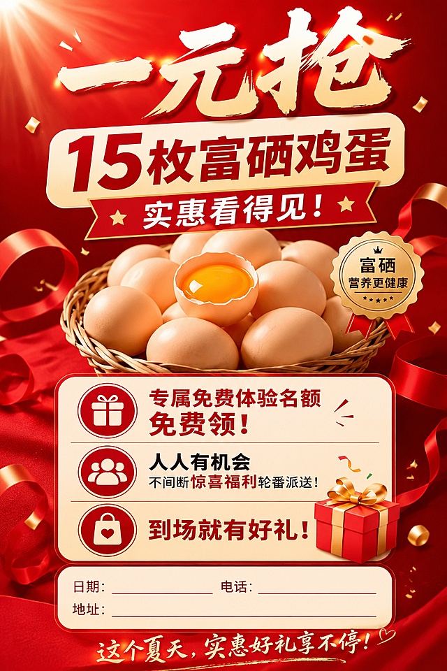 复刻参考图版式骨架与促销氛围，保留各分区的相对位置和面积比例，采用红色喜庆暖色调体系，暖光氛围，整体是一元抢富硒鸡蛋促销宣传单页
顶栏大字体："一元抢"，书法字体风格
主标题区：大字"15枚富硒鸡蛋"，副标题红色飘带带文字"实惠看得见！"
产品展示区：一篮新鲜富硒鸡蛋，中间有一个打开的鸡蛋展示金黄蛋黄，右侧保留圆形徽章写着"富硒 营养更健康"
卖点信息区：依次三条信息，保留图标+文字排版：
第一条：礼物图标+文字"专属免费体验名额 免费领！"
第二条：人群图标+文字"人人有机会 不间断惊喜福利轮番派送！"
第三条：购物袋图标+文字"到场就有好礼！"
底栏预留空白填写：日期：________ 电话：________ 地址：________ 
底部文字："这个夏天，实惠好礼享不停！"
装饰元素：红色丝带和礼品盒点缀，整体是写实商业摄影风格，食欲感满满，促销氛围热烈，版式精美，文字清晰可读，生成标准A4尺寸（比例约为1:1.414），4K分辨率