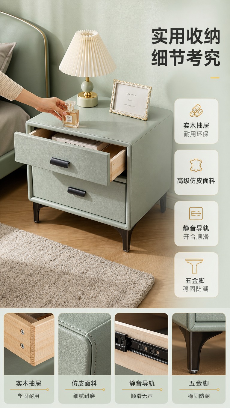 [商品] 使用【图2】浅绿色双抽屉床头柜；保留双抽屉设计、深色… - 图片创意预览