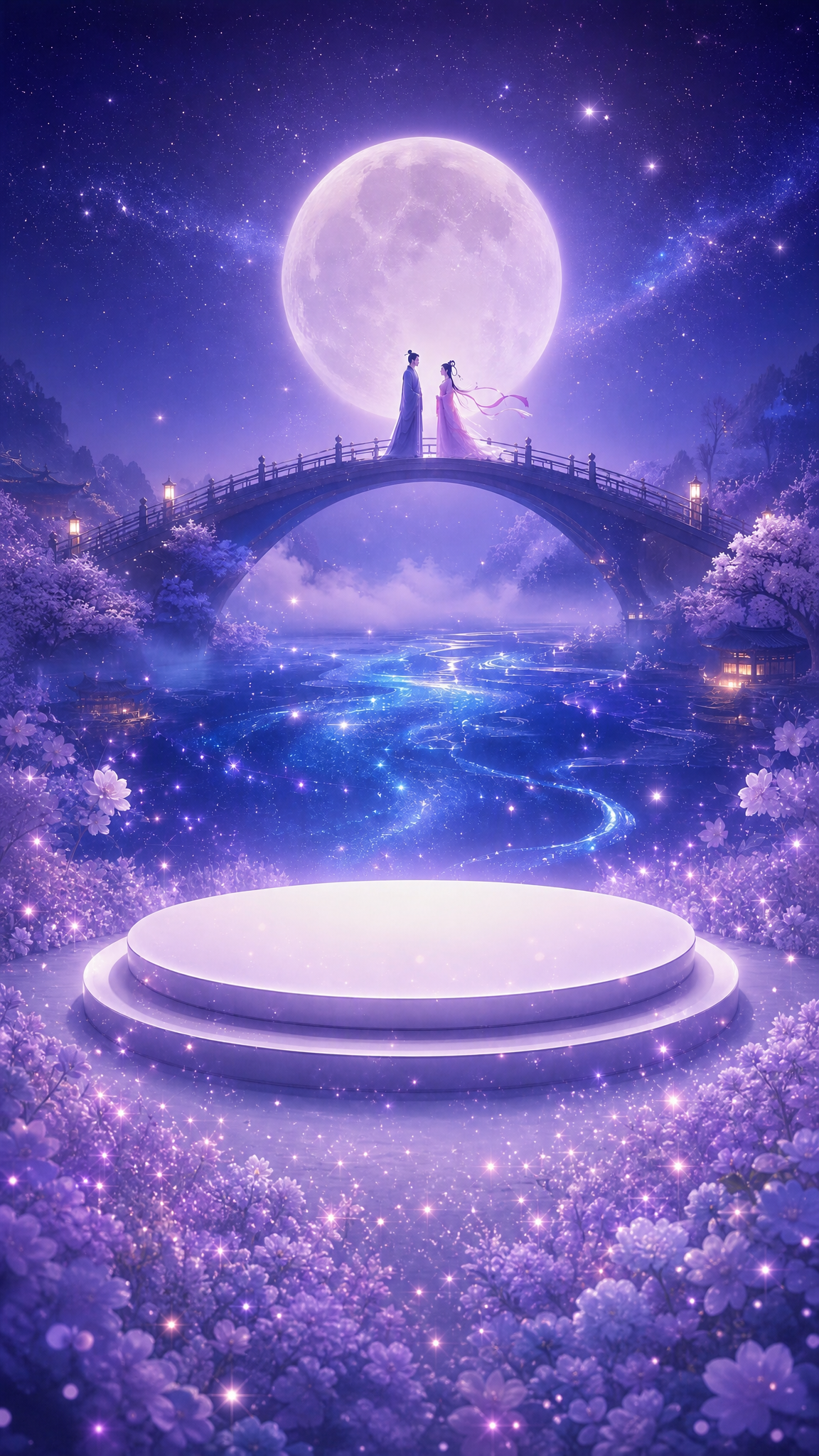 延长图片底部区域，保持画面上方星空、满月、鹊桥、牛郎织女、星河… - 图片创意预览
