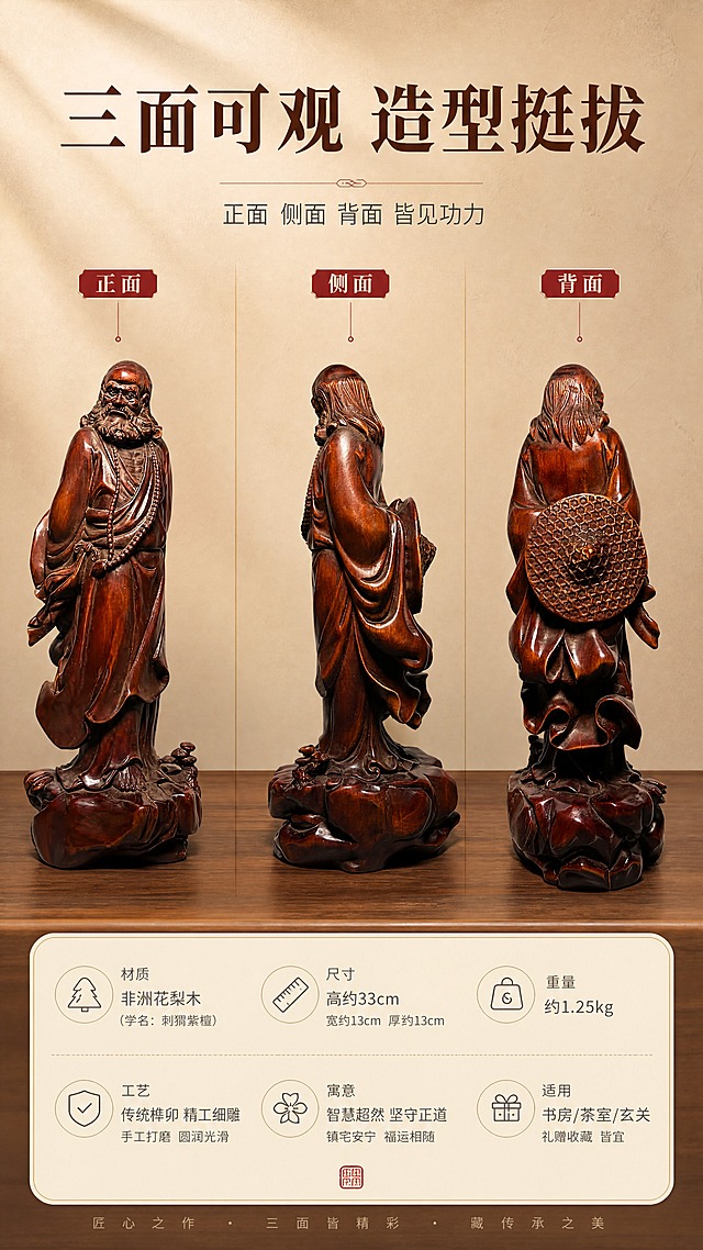 [商品] 使用【图34】正面立像、【图37】侧面立像、【图39】背面立像；三图为同一件产品，保留深红棕实木色泽、长须浓眉、双手持经卷、宽袖长袍、背部圆形编织物件、树根山石状底座，造型与比例一致。
[画面] 多角度展示型：画面横向三栏并列同一摆件的正面、侧面、背面三个视角，三栏背景与光线一致（暖米墙面与浅胡桃木台面），每栏产品完整居中占该栏约70%，整体产品合计占画面约60%；景别统一为中景，透视一致，无重复角度。
[视觉] 套系策略：风格=中式禅意高级商业摄影加大字报信息排版；标题字=宋体类衬线粗体；正文字=细黑体无衬线；主色=暖米杏与深红棕；背景延展=基于暖米杏与浅胡桃木做深浅层级与细腻木质质感；强调色=朱砂红仅用于小面积标签与引线；标题色=深胡桃木棕；正文色=中暖灰；组件=圆角浅底信息卡与细线图标引线；光影=左上45度暖柔光。
[文字] 顶部横排主标题“三面可观 造型挺拔”，副标题“正面 侧面 背面 皆见功力”，三栏分别标注小标签“正面”“侧面”“背面”，全部横排不遮挡产品。
[规格] 9:16竖版，分辨率4K，负向：产品变形、错字、文字竖排或旋转、水印、平台Logo、杂乱背景、冷蓝或冷灰主色、白底残留、悬浮感。