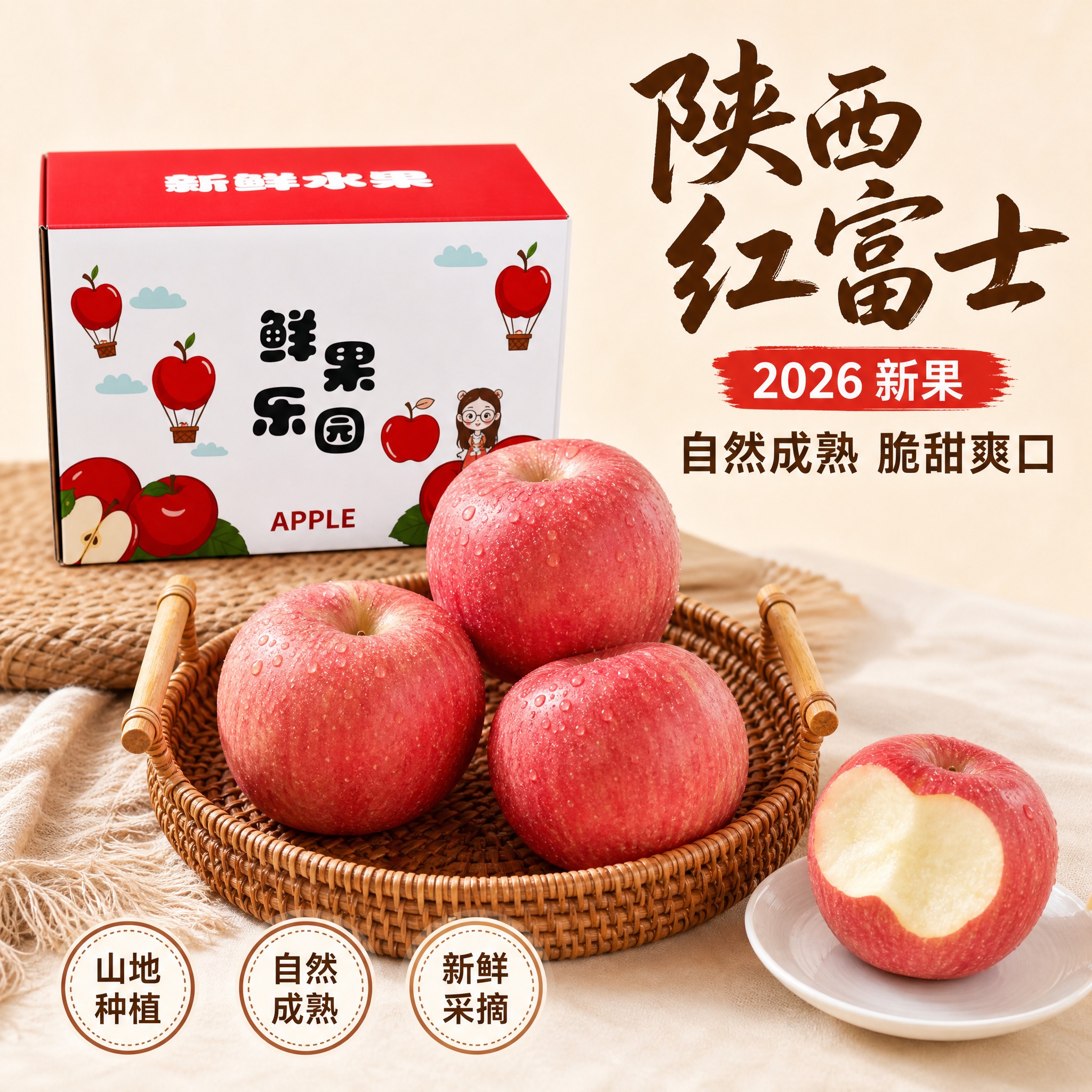 [主图-2] 陕西红富士苹果拼多多主图，浅棕藤编自然款，突出自… - 图片创意预览