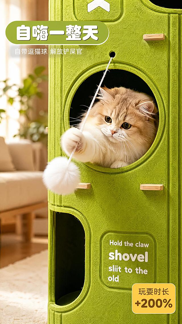 [第6屏] 互动瞬间-猫咪玩耍逗猫球动态抓拍。本屏使用【图1】作为商品主体，中层洞口场景。
[氛围/风格] 生动抓拍感，自然动态，温馨治愈，生活摄影风格。
[元素布局] 画面主体为牛油果绿猫爬架中层区域，占比约70%，一只金渐层猫咪从圆形洞口探出身子，前爪伸出拍打悬挂的白色毛球逗猫棒，猫咪表情专注可爱；逗猫球有轻微动态模糊体现运动感；背景是虚化的客厅场景，有米色沙发和绿植；产品结构、毛毡材质、颜色与输入图完全一致。
[光影质感] 窗边自然光从左侧照入，暖色调，猫咪毛发有光泽，整体柔和自然。
[配色色系] 全局底色 #FFF8F0（奶油米白）；主色牛油果绿 #8BC34A；辅助色暖木色、猫咪橘白色。
[视角构图] 平视特写视角，聚焦中层洞口和猫咪互动，阅读动线从猫咪视线到逗猫球。
[文字版式] 左上角主标题「自嗨一整天」，圆润粗黑体，白色字配绿色圆角底；副标题「自带逗猫球 解放铲屎官」，白色细体；右下角小标签「玩耍时长 +200%」，黄色圆角底棕色字；文字不遮挡猫咪主体。
[比例分辨率] 9:16 竖版比例，4K 分辨率，文字清晰可辨，高清画质。
[负向提示词] 猫咪畸形，产品变形，结构错误，颜色偏差，水印，文字错乱，动态不自然。