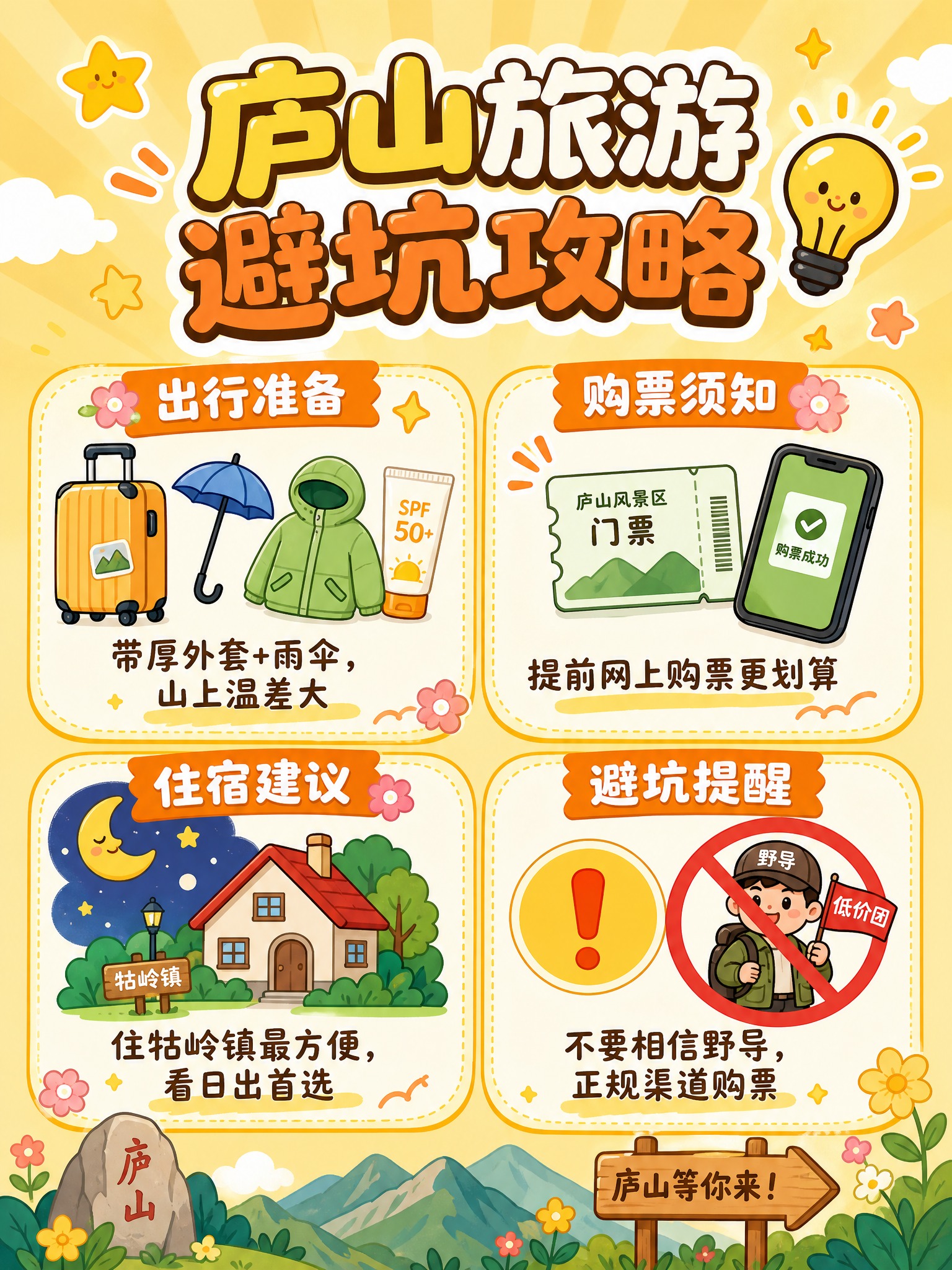 可爱Q版扁平风卡通庐山旅游攻略图，竖版3:4比例。主题为"庐山… - 图片创意预览