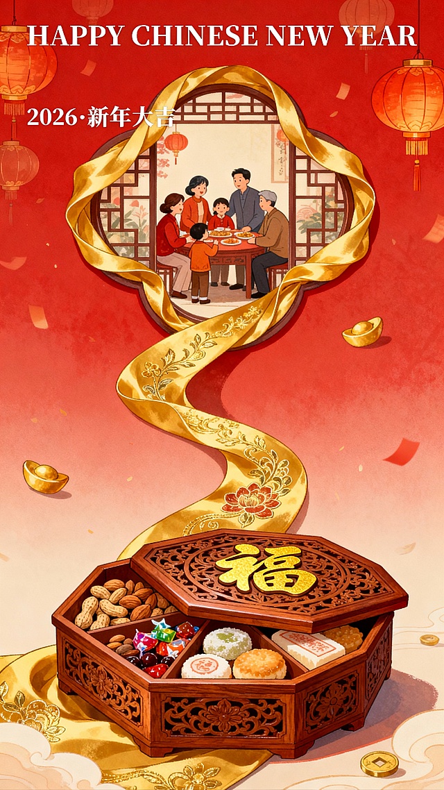 手绘插画风格。底部是一个小小的精美木质雕花点心盒，盒盖上有金色的"福"字，盒内装满各种坚果、糖果和传统糕点。从点心盒呈S形曲线向上延伸出一条金色刺绣绸缎，丝绸汇聚成顶部的大花窗，整个花窗边缘被金色绸缎覆盖，并继续向画面上方延伸。花窗的中间是家庭团聚场景，浓郁的新年氛围。画面上方大字主标“HAPPY CHINESE NEW YEAR”“2026·新年大吉”。红色渐变背景，点缀灯笼、元宝元素。