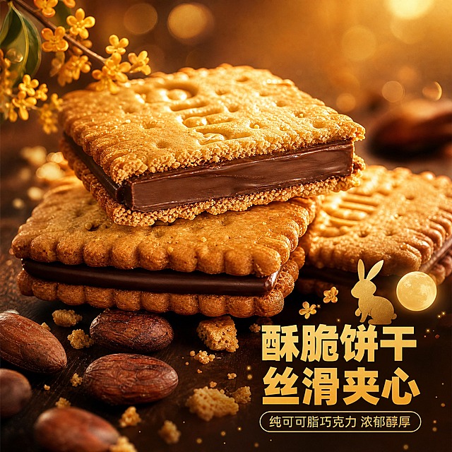 [主图-3] 细节与成分，微距展示饼干酥脆纹理与纯可可脂巧克力夹心的丝滑质感。
[统一基调] 暖色调为主，深金棕+暖橙+米白配色，点缀少量中秋元素（金色玉兔剪影、小桂花、圆月光晕），字体用厚重粗黑体，标题字色为暖金色，辅助文字深棕色，强调色为橙红色，整体高端礼盒质感，温暖节日氛围。
[画面] 超微距特写视角，画面主体是堆叠的几块饼干，其中一块被切开露出横截面，清晰展示酥脆的饼干层和中间一整块厚实的纯可可脂巧克力夹心，巧克力表面有丝滑光泽，饼干边缘有酥脆的掉渣细节。旁边散落几颗可可豆作为原料点缀，背景是模糊的暖金色光晕，左上角有一小枝桂花剪影装饰。
[光影质感] 微距美食摄影质感，暖金色柔光，巧克力夹心呈现通透丝滑光泽，饼干纹理清晰可见，层次分明，整体诱人有食欲。
[配色] 暖金色背景，饼干金黄色，巧克力深棕色，点缀可可豆深褐色，文字暖金色。
[文字版式] 右下角主标题「酥脆饼干 丝滑夹心」，下方小字「纯可可脂巧克力 浓郁醇厚」，文字放在右下角负空间，字号适中，不遮挡主体饼干。
[输出要求] 1:1正方形，2K高清，饼干和夹心细节清晰，纹理分明，文字清晰可读，禁止出现极速发货、破损包赔等营销字样，禁止水印、平台Logo、错字、模糊杂乱。