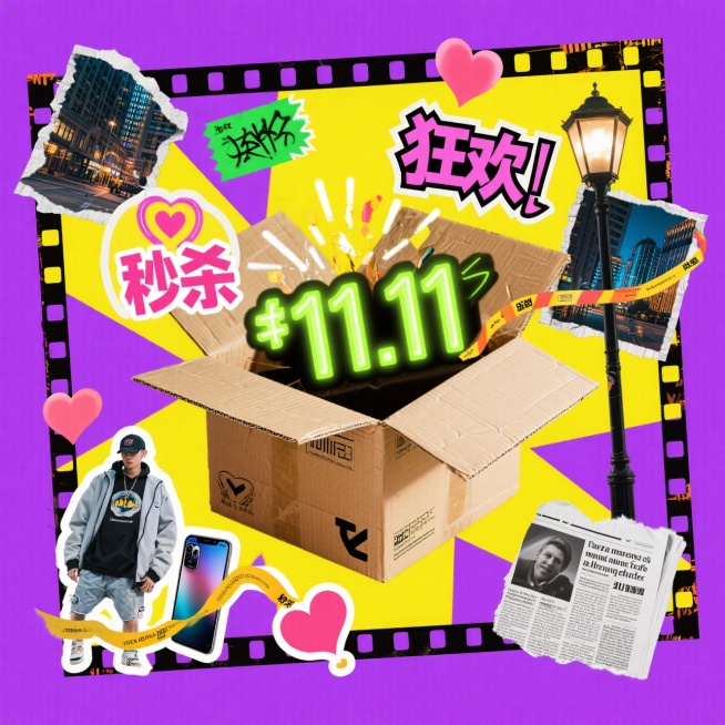 炸开的快递箱、闪烁的 “11.11” 符号、悬浮的潮牌服饰 / 数码产品、动态倒计时数字、街头涂鸦字体 “狂欢”“秒杀”，叠加故障风纹理、几何色块切割、复古胶卷边框。背景是流光溢彩的城市夜景，点缀荧光预览效果