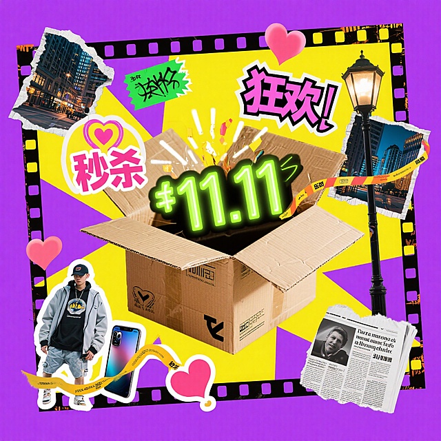 撕纸拼贴风融合胶片边框与波普艺术色彩，爆炸式“11.11”秒杀元素跃出纸箱，潮流人物与城市碎片点缀，营造酷炫促销狂欢氛围。