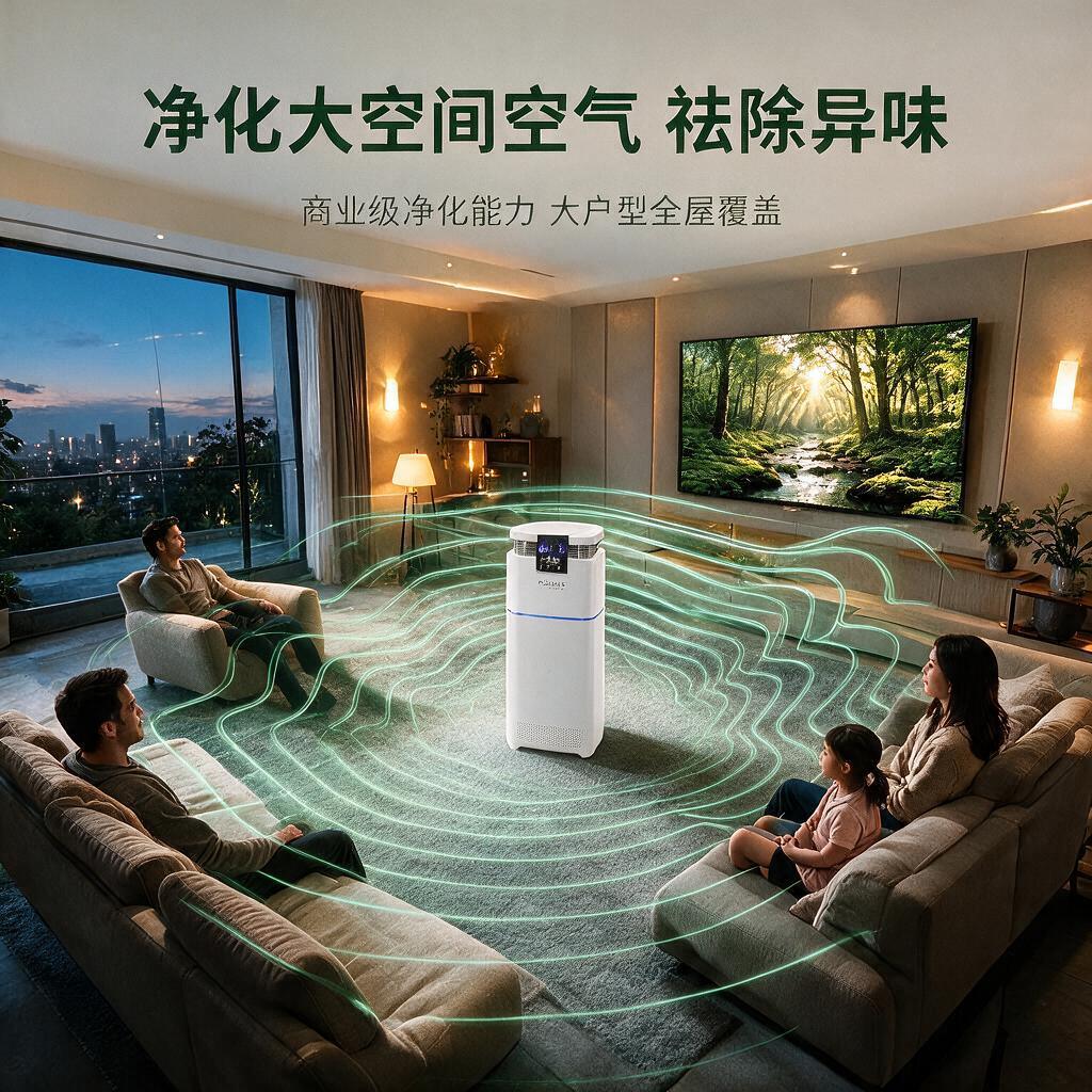 移除画面中间的木质茶几，将白色立式负氧离子空气净化器直接放置在… - 图片创意预览