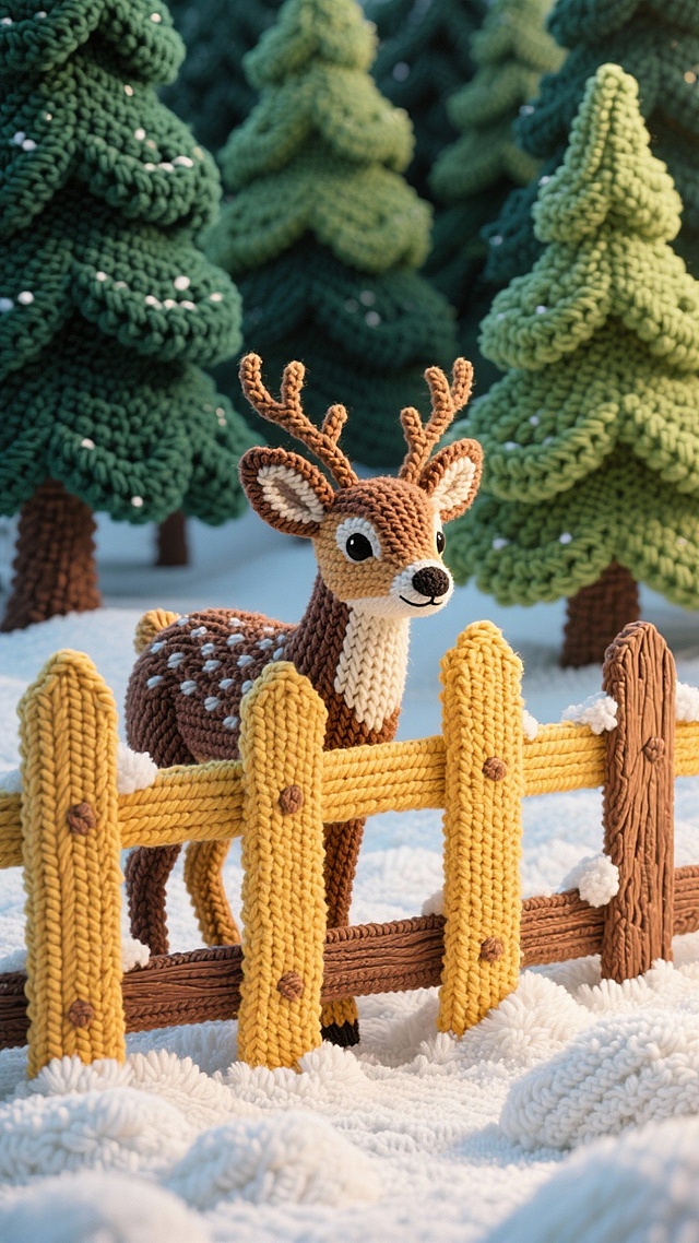 毛线编织的梦幻森林，萌鹿跃过围栏