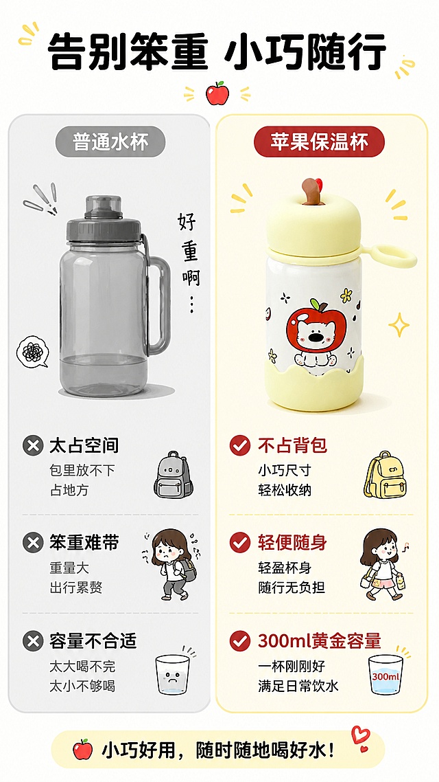 [第2屏] 痛点解决对比屏，展示苹果保温杯解决日常喝水问题。
[氛围/风格] 清晰明了的信息对比风，活泼卡通，图文并茂。
[视觉布局] 左右分栏对比构图，左栏展示传统大水杯笨重不易携带，右栏展示本品小巧便携；产品使用【图2】淡黄色款，保持外观不变。
[光影质感] 均匀柔和自然光，左右光影一致，信息对比清晰。
[配色色系] 全局底色 #FAFAF8，左栏浅灰底，右栏浅黄色底，文字黑色，重点卖点红色标注。
[文字版式] 顶部大标题「告别笨重 小巧随行」，左栏标题「普通水杯」，列出痛点：太占空间、笨重难带、容量不合适，右栏标题「苹果保温杯」，对应优点：不占背包、轻便随身、300ml黄金容量；文字分区排列，清晰易读不遮挡产品主体。
[比例分辨率] 9:16 竖版比例，4K分辨率，文字清晰，高清画质。
[负向提示词] 产品变形，颜色失真，文字重叠，背景杂乱，水印