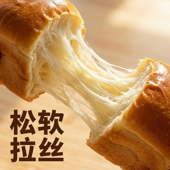 [主图 3] 云朵牛奶面包松软拉丝细节特写
[氛围风格] 微距写实，极致放大食欲感
[画面元素] 商业摄影质感、光线柔和通透、产品清晰真实、画面干净高级。微距特写拉开面包的瞬间，展示超长拉丝效果，放大预览效果