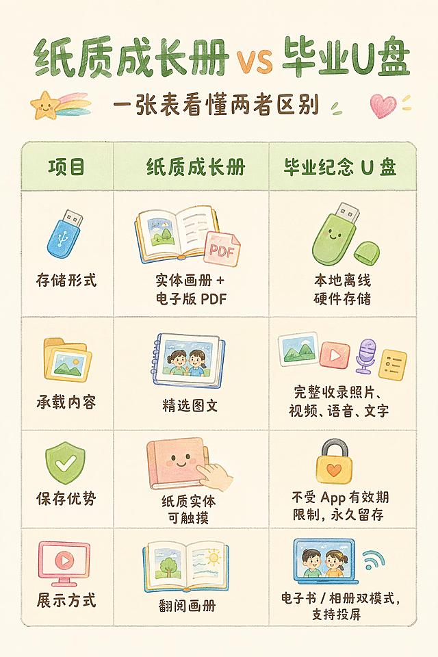 生成图片：幼儿园宣传长图，温暖治愈卡通彩铅风格，原木浅米色背景，IP绿色小恐龙戴着毕业学士帽。产品为上传的“毕业U盘”附件。
从上至下竖版长详情页，清晰分板块，留白充足，文字排版宽松，不要密密麻麻大段文字。
整体色调柔和绿色、暖黄色，幼儿园毕业纪念U盘产品宣传图，包含产品实拍插画、四宫格内容板块、左右对比表格、温馨文案模块。
页面结构：首屏海报→家长痛点→四宫格内容清单→双浏览模式介绍→U盘实物展示→产品对比表格→购买须知→底部下单按钮。
字体圆润卡通，重点信息高亮，版式干净舒适，适合手机端阅读，不要拥挤文字墙。

第 1 屏｜首屏海报（顶部通栏）

【主标题】用1枚毕业纪念 U 盘，珍藏宝贝完整幼儿园足迹

【大字标签】原价 398 元｜限量 3000 份，文末可领专属优惠券

配图：“毕业U盘”附件实景图

小字 slogan：“幼儿园号”列车已到站。我们由衷地恭喜宝贝，毕业快乐！

第 2 屏｜直击家长痛点

标题：近期我们收到了许多毕业生家长的咨询：

🔸 “记录在App的内容，以及照片背后的文字故事，要怎么保存？”

🔸 “有没有便捷的方式，保留生动的回忆？”

🔸“有没有比较优惠，一次性打包所有内容的方式？”       

过渡文案：为了尽可能地为宝贝保留幼儿园的成长足迹
我们特别设计了一款「毕业纪念 U 盘」
内含宝贝成长册内全部记录，永久珍藏不可复刻的童年时光



标题：「毕业纪念U盘」是什么

嵌入视频播放框

小字：点击播放，查看完整介绍


第 3 屏｜核心答疑：U 盘里面收纳哪些内容（四宫格卡片）

标题：一个「时光胶囊」
收录幼儿园时期全部成长档案

正文：这个小小的U盘，存储着幼儿园时光里，老师和家长共同记录在「一起长大」，放入成长册的点点滴滴：

四宫格或其他形式简单展示：
🟦在园时光

您点击+【放入成长册】的园内活动、师幼互动

🟧家庭时光

您和家人共同记录的陪伴日常、成长趣事、童年珍贵的第一次

🟨宝贝资料

老师撰写评语、发展评估、宝贝体检等个性化档案

🟩特别回忆

大班毕业时留下的毕业照、毕业同学录等特别资料

过度文案：所有照片、视频、语音，老师和您共同记录的文字等。都会以学期为单位，自动生成精装电子成长册。多年以后想起小时候，就打开这个“时光胶囊”看看吧！

用丰富配图展开展示：
● 在园时光
3年集体生活  记录我长大的足迹
把宝贝和班级大家庭度过的每一天，孩子们之间的交往、和老师的互动，学会的每一个本领，一步一个脚印的成长足迹。选择“+放入成长册”，珍藏珍贵的友谊。

● 家庭时光
宝贝成长日记  记录
宝贝说过的童言趣语、经历的每一段趣闻趣事、还有成长中很多值得纪念的第一次⋯•收藏在U盘里，成为宝贝专属的成长日记。



第 4 屏｜功能介绍｜两种浏览模式

标题：双模式随心翻看，随时重温温暖回忆
正文：这款毕业纪念U盘里，是您在使用一起长大App期间「全套高清电子成长册」。可以保存到电脑本地，永久存储；也可以在ipad上下载“我的成长册”应用，和小朋友共同观看。

为了让这些珍贵回忆更易于分享和欣赏，我们特别设计了两种观看模式：

左右分栏卡片+附近为“观看模式配图”
模式一：电子书模式
像翻书一样的阅读体验，支持自动/手动翻页
查看单个照片与视频，放大每个成长的精彩瞬间
系统回顾一学期的故事，发现孩子长大的线索

模式二：相册模式
可单独导出任意照片、视频
适合场景：亲子共读时光、睡前翻看
适合场景：家庭聚会投屏、亲友分享




第 5 屏｜产品亮点｜
标题：不止是U盘，更是毕业纪念摆件

大图：多角度小恐龙 U 盘实拍图

文案：

U 盘采用戴毕业礼帽小恐龙造型，不只是保存回忆，更是可摆放书架的童年纪念摆件。


第 6 屏｜对比选择｜纸质成长册 VS 毕业纪念 U 盘

标题： 纸质成长册vs毕业U盘 一张表看懂两者区别

表格

项目	纸质成长册	毕业纪念 U 盘

存储形式	实体画册 + 电子版 PDF	本地离线硬件存储

承载内容	精选图文	完整收录照片、视频、语音、文字

保存优势	纸质实体可触摸	不受 App 有效期限制，永久留存

展示方式	翻阅画册	电子书 / 相册双模式，支持投屏



第 8 屏 📌【购买前必读｜重点高亮黄底】

标题：● 买前须知

1. 下单后 7 个工作日发货。
2. 建议下单前预览、确认内容完整。下单后新增内容无法同步至 U 盘。
3. 收货后请兑换码有效期内，下载安装应用程序。
4. 如需纸质成长册，可在 2026.12.31 前联系在线客服咨询。
5.需配备Windows 电脑版（win10及以上，仅 64 位系统） ，或iPad 下载「我的成长册」App。



第 9 屏｜常见 FAQ（新增板块，减少咨询）

Q：U 盘内的素材可以导出保存吗？

A：相册模式支持单独导出照片、视频

Q：是否会收录所有班级圈内容？

A：仅收录您手动标记【放入成长册】的内容


第 10 屏｜底部转化收尾+领取优惠券

情感文案：

这不仅仅是一个U盘，更是孩子人生第一个重要阶段的完整记录。为了不留下遗憾，我们准备了一份小小心意，请家长点击查收~（按钮：查看我的优惠券）

整个H5使用醒目悬浮按钮：立即选购 | 原价 398 元    文末可领专属优惠券「图片1」「图片1」
