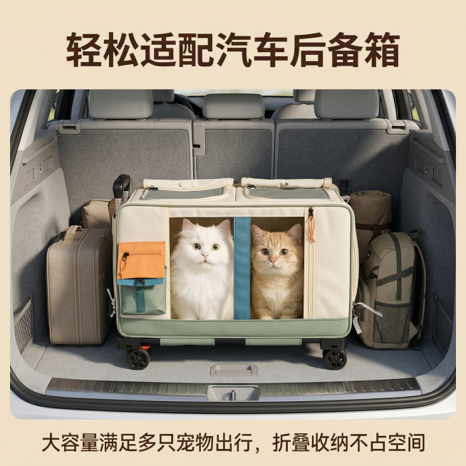 [主图 5]
[主图主题] 后备箱适配场景展示
[氛围/风格] 简约实用生活化场景
[画面元素] 保留产品原有配色结构，展开的宠物拉杆箱放在SUV汽车后备箱中，和其他行李一起摆放，完美适配后备箱空间，预览效果