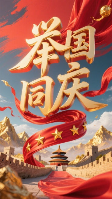 红色背景。主标题笔触飘逸的金色艺术字“举国同庆”，一条突出的动态感强的红色绸布（表面凸显5颗金色星星）贯穿缠绕文字，金色山脉、长城、天坛穿插其在文字周围。预览效果