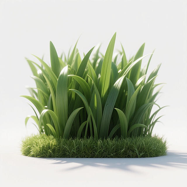 超写实风格的绿色草地特写，草叶呈现出自然的深浅绿色渐变，每一片草叶都有清晰的纹理和细微的光影变化，阳光从上方照射，叶片顶端有明亮的高光，底部形成柔和的阴影，整体画面具有强烈的真实感和细腻的质感，草地边缘整齐地切割在白色背景上，营造出简洁而清新的视觉效果。