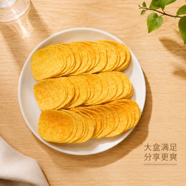 [主图-4] 摆盘展示食用场景图；
[氛围风格] 休闲生活场景，带来真实食用代入感；
[画质] 商业摄影质感，调整色温统一暖调，光线自然通透；
[元素] 使用用户提供的整齐摆盘薯片图，白色圆瓷盘，整齐预览效果