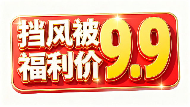 长方形电商直播间KT板字体设计，高级促销风格，只有文字内容，文字为"挡风被福利价9.9"，大字突出价格，醒目有冲击力
