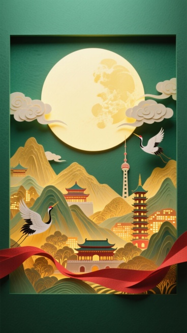 一轮巨大的圆月为占据画面中心的特写，底部以工笔风格呈现出全景的金色的山峦叠嶂间呈现北京故宫、上海东方明珠、杭州雷峰塔，万家灯火渐变温暖的光影，祥云装饰，仙鹤飞舞，红绸穿绕，绿色基底预览效果