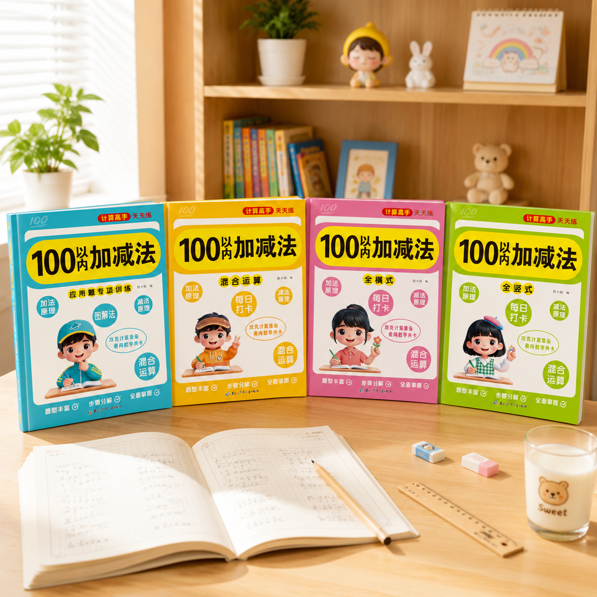 高清实拍儿童学习场景，明亮温馨的书房桌面，自然光从左侧窗户洒入… - 图片创意预览