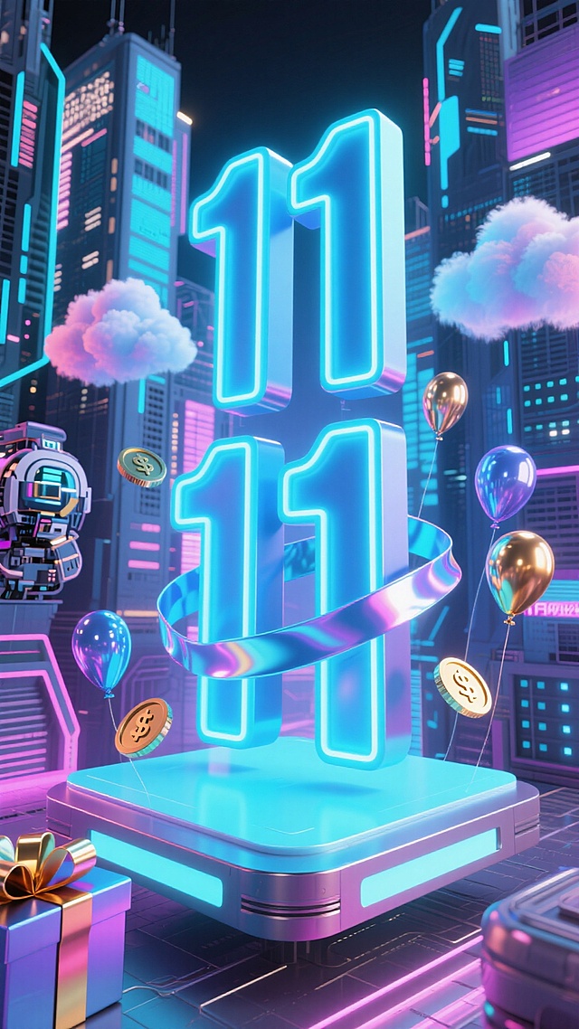 赛博朋克风3D场景，霓虹蓝“11.11”悬浮于未来都市，金属质感与梦幻云朵交织，气球礼盒点缀，科技与喜庆融合，虚拟现实感十足。