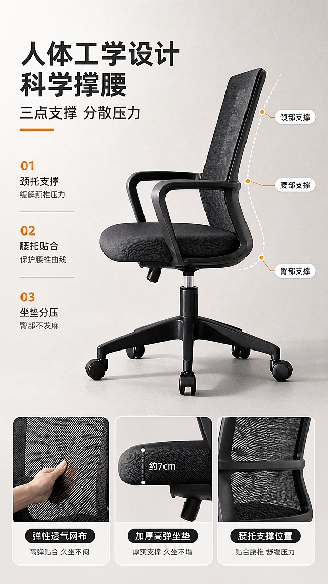 [商品] 使用【图1】黑色网布人体工学办公椅；保留靠背网布、坐垫、扶手、五星脚、滚轮、气杆等所有结构、颜色、材质和比例不变；自然融入场景，不改变产品本体。
[画面] 详情页第3张，人体工学结构解析，目标深度说服支撑性。左右分栏版式，左侧约40%为文案+结构说明，右侧约60%为产品45°侧视大图。产品侧视角度，主体占右侧约70%。通过白色虚线悬浮标注勾勒S型脊椎贴合曲线，标注3个支撑点：颈部支撑、腰部支撑、臀部支撑。底部排列3个圆角矩形画中画，分别展示靠背网布弹性、坐垫厚度、腰托位置。背景为浅灰渐变，干净突出产品与标注。
[视觉] 套系策略：风格=现代简约居家商业摄影；标题字=现代无衬线粗体；正文字=简洁无衬线体；主色=米白+深黑；背景延展=基于米白浅灰做深浅层级、同色渐变和细腻纸质感；强调色=暖橙色，仅用于小面积图标、引线和标签；标题色=深炭黑；正文色=中暖灰；组件=圆角浅底信息卡、细线引线、胶囊标签；光影=左前侧暖调自然光+右侧墙面漫反射。
[文字] 左侧顶部主标题「人体工学设计 科学撑腰」粗体大黑字，副标题「三点支撑 分散压力」中灰色。下方3条结构说明带序号：「01 颈托支撑 缓解颈椎压力」「02 腰托贴合 保护腰椎曲线」「03 坐垫分压 臀部不发麻」。悬浮标注文字白色带阴影，画中画内标签黑底白字胶囊形。
[规格] 图片比例9:16竖版，4K，避免变形、错字、文字过小、冷蓝背景、产品颜色改变、结构失真、水印、平台Logo。