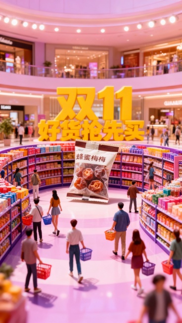 微缩景观，特写镜头，一个大型商场内部的场景，中央黄色立体大字两排：第一排：“双 11”；第二排：“好货抢先买”，彩色的商品陈列架环绕，图片上的商品蜂蜜梅梅在画面中间，周围有很多拿着购物篮、穿着休闲服饰预览效果