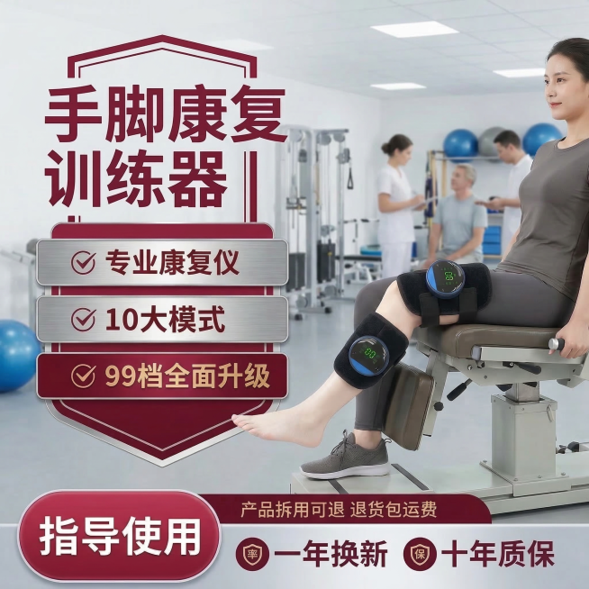 保持康复训练产品外观不变，保持产品在模特身上的位置不变，修改模特腿部为缓慢抬起的康复动作，将背景更换为专业康复中心训练大厅，保留所有卖点文字内容不变，修改文字颜色为酒红色，更换文字框架模板为圆角深红色预览效果