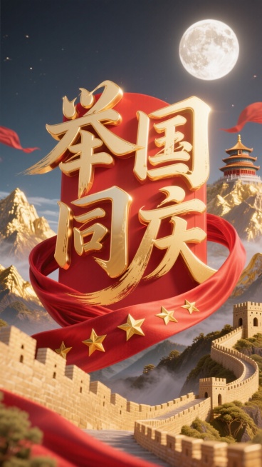 红色背景。主标题笔触飘逸的金色艺术字“举国同庆”，一条突出的动态感强的红色绸布（表面凸显金色星星）贯穿缠绕文字，金色山脉、长城、天坛穿插其在文字周围。天上还有一轮白色圆月预览效果