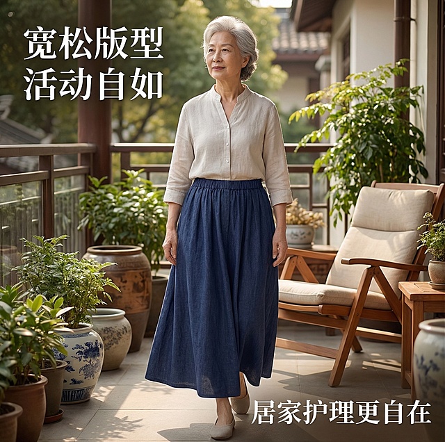 [第一张新增主图] 模特居家场景使用展示
藏青蓝色老年隔尿裙，同一位银发亚洲老年模特穿着它在阳台慢慢行走，背景是阳光明媚的中式阳台，摆放绿植和木质休闲椅，氛围自然温馨，模特自然走动动态姿势，展示裙子整体版型和垂感，左上角文字 "宽松版型 活动自如"，右下角文字 "居家护理更自在"，文字不遮挡模特主体，风格清新自然。
