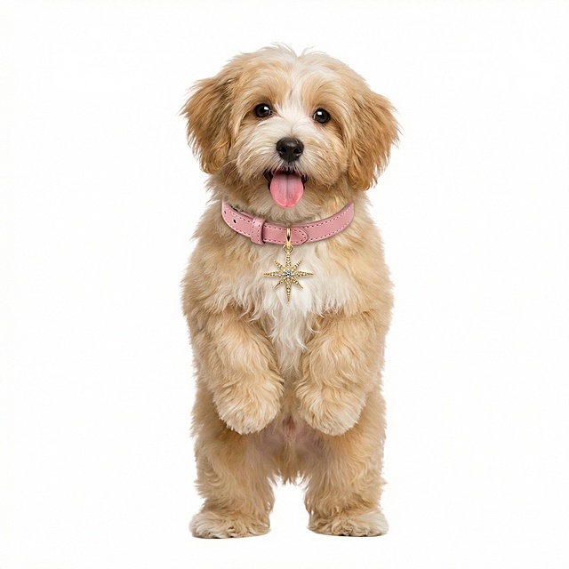 让图中的小狗像人一样站立，戴上图二的粉色带星芒吊坠的皮质项圈