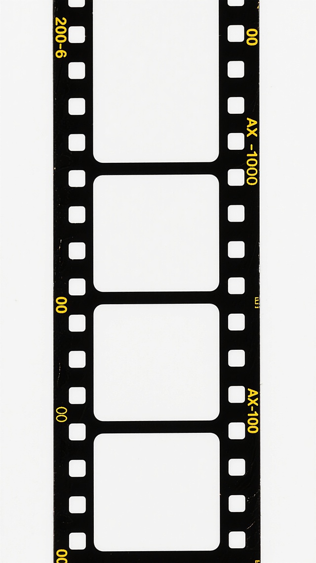垂直排列的四格黑白电影胶片边框，黑色胶片边缘上有白色的方形孔洞和黄色的“200-6”、“00”、“AX-100”等文字标识，中间为纯白的空白区域，整体呈现复古摄影胶片的质感和设计风格。