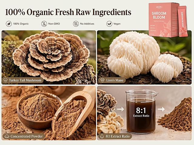 [第3屏] 新鲜原材料展示，突出有机云芝和狮鬃菇天然成分，四宫格细节版式。氛围风格：自然原生态摄影风格，突出新鲜有机食材，真实质感。元素布局：2×2四宫格，左上展示整朵新鲜云芝，右上展示新鲜狮鬃菇，左下展示粉末原料特写，右下展示提取工艺示意，产品小图位于顶栏右侧，保持粉色包装一致。光影质感：柔和自然光，突出食材纹理，清晰真实。配色色系：全局底色 #F2F5EE，主色为食材自然棕褐色，辅助色保留产品粉橘红色。文字版式：顶部主标题 "100% Organic Fresh Raw Ingredients"，每个格子标注简短名称 "Turkey Tail Mushroom", "Lion's Mane", "Concentrated Powder", "8:1 Extract Ratio"，每个主要单词首字母大写，文字小巧清晰。比例分辨率：4:3比例，4K分辨率，文字清晰可辨，高清画质。负向提示词：变质食材，杂乱背景，文字错乱，颜色偏差，中文字符