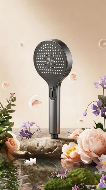 图2花洒融入图1自然场景，保持图2花洒比例不变，与自然元素和谐融合预览效果