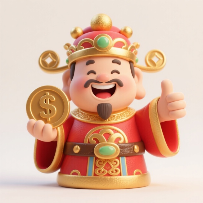 财神爷的形象，富丽堂皇的装扮，装饰傍身，珐琅金色球绒顶冠，红色官袍镶金边，粗鎏金纹饰皮腰带，一只手拿一个超大的美元金币，另一个手竖大拇指点赞手势，开心地笑，背景为米白色预览效果