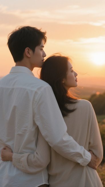 写实风格情侣写真，温暖的日落黄昏光线，橙黄色调天空，柔和的逆光效果，男子穿着白色衬衫，女子穿着浅色长袖上衣，两人背对着镜头并肩站立，男子从身后轻轻环抱住女子的腰，女子微微侧头靠在男子的肩膀上，发丝被微风轻轻吹动，远处是模糊的自然风景，整体氛围温馨浪漫，柔和的光影质感，细腻的人物皮肤纹理，清晰的衣物褶皱，温暖治愈的情感传达。预览效果