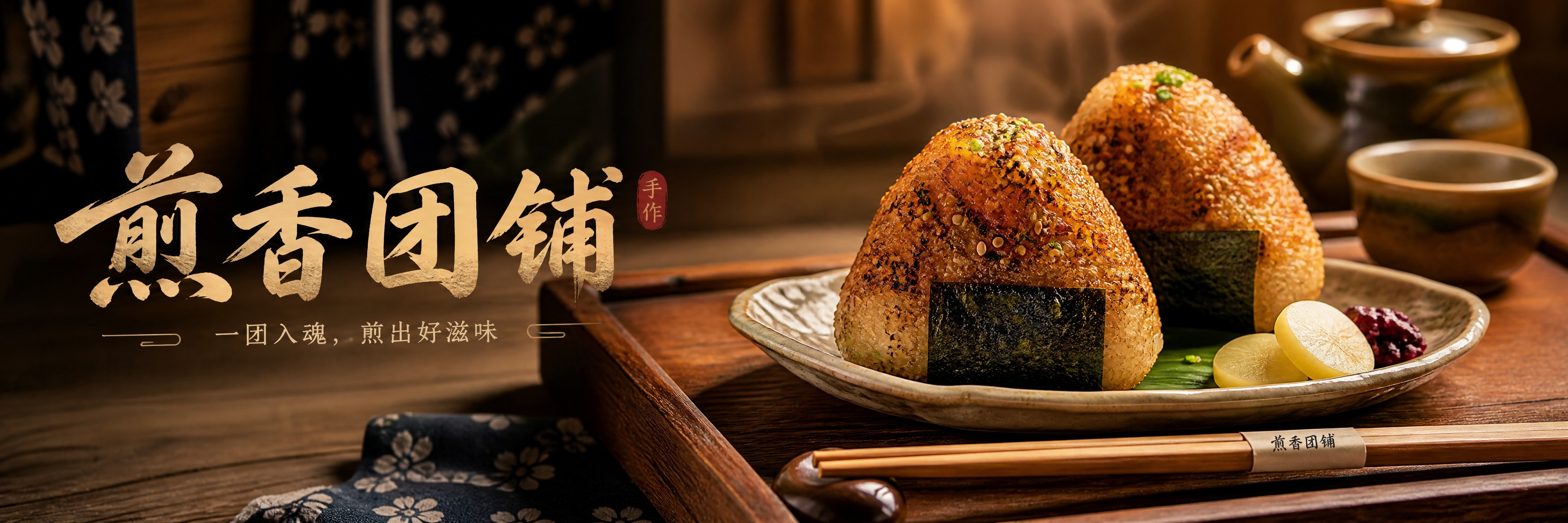 煎饭团美食海报设计，店名"煎香团铺"，画面展示精致摆盘的日式煎… - 图片创意预览