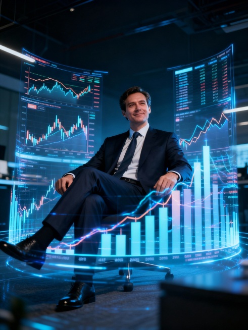 Investment strategist making critical market decisions, seated confidently, surrounded by panoramic预览效果