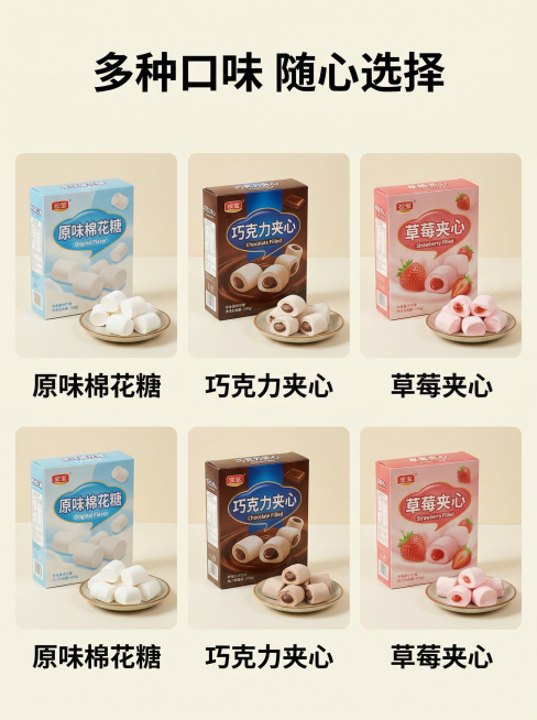 主图主题：多口味组合展示
氛围风格：干净清爽陈列风
画面元素：三种不同口味组合：原味棉花糖、巧克力夹心、草莓夹心，三盒产品并排摆放，旁边各放一份对应的成品，整体整齐排列，背景干净淡奶油色，突出产品包装预览效果