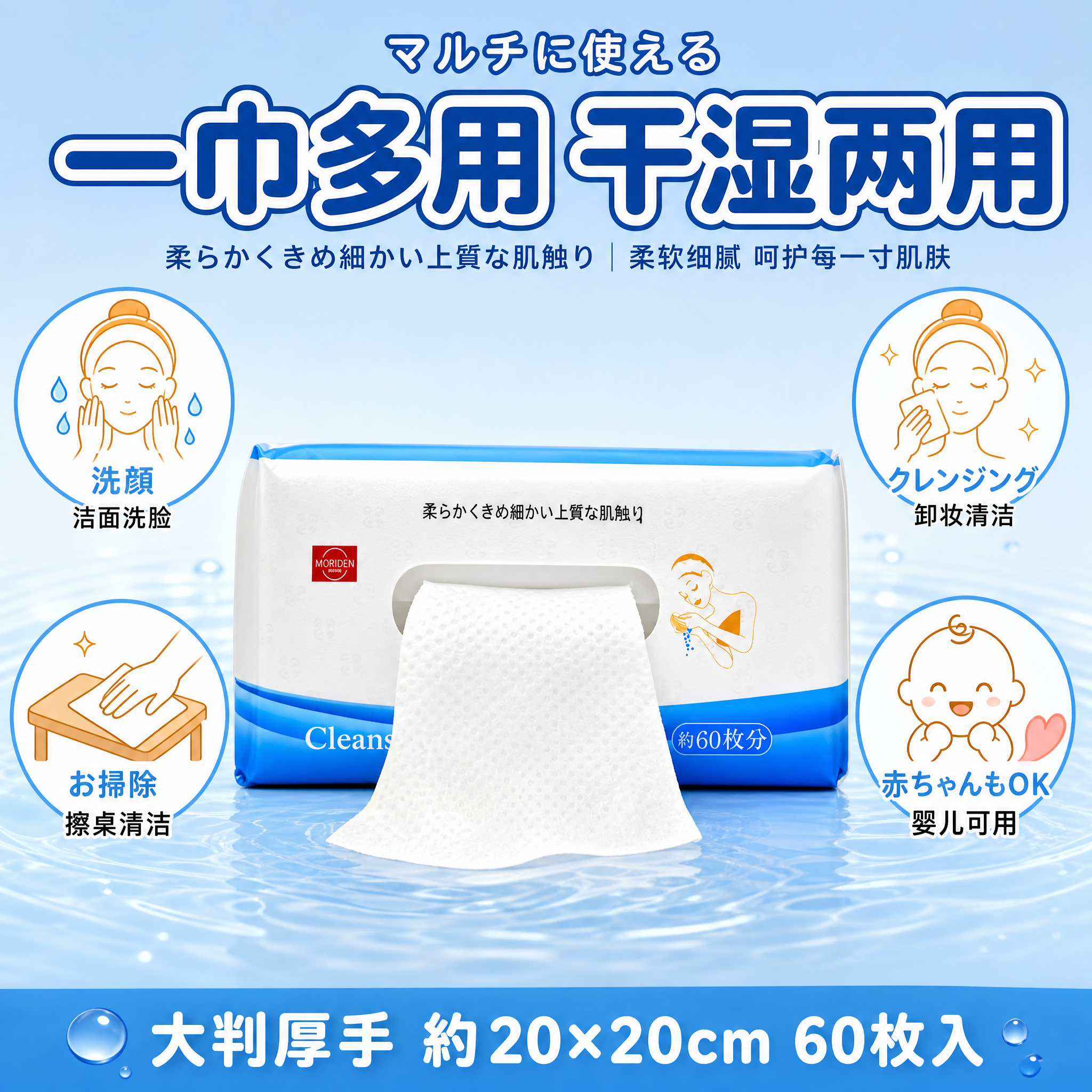 [主图-3] 材质细节与多用途。森伝洗脸巾材质与多用处展示主图… - 图片创意预览