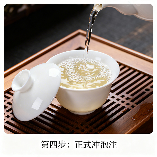 一张正方形的古朴美观的古树茶冲泡第四步正式冲泡注示意图，使用白瓷盖碗，大气高级，干净通透，展示将沸水注入盖碗的过程，整体风格雅致上档次预览效果