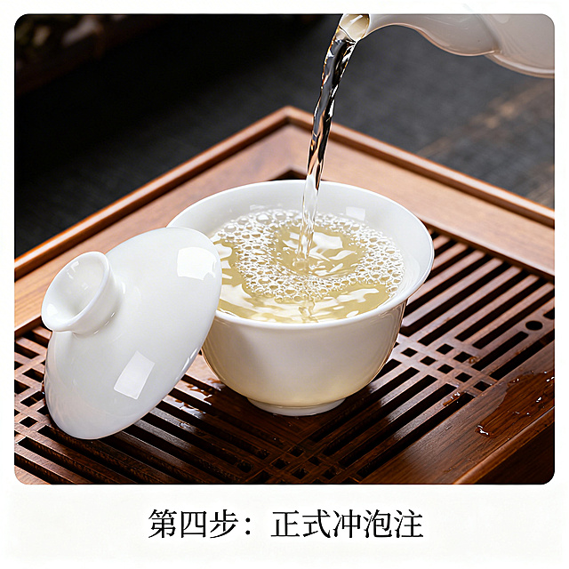 一张正方形的古朴美观的古树茶冲泡第四步正式冲泡注示意图，使用白瓷盖碗，大气高级，干净通透，展示将沸水注入盖碗的过程，整体风格雅致上档次