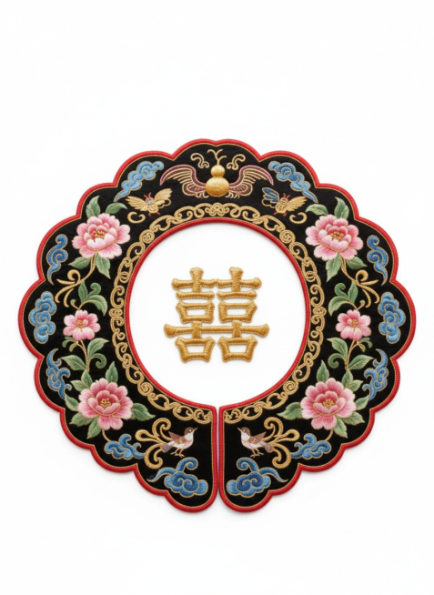 中国传统刺绣风格系列素材，清朝常用云肩款式，中心为金丝线刺绣的“喜”字，环绕细腻云纹、葫芦、蝙蝠、牡丹花卉、卷草纹等传统纹样，高饱和度的黑色、红色、粉色、绿色、青花蓝色与金色丝线交织，刺绣质感细腻，丝预览效果
