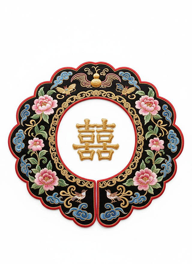 中式云肩，喜服，刺绣有牡丹，凤凰，蝙蝠，云纹，卷草等代表中国清代传统吉祥如意的图案，配色偏清宫款