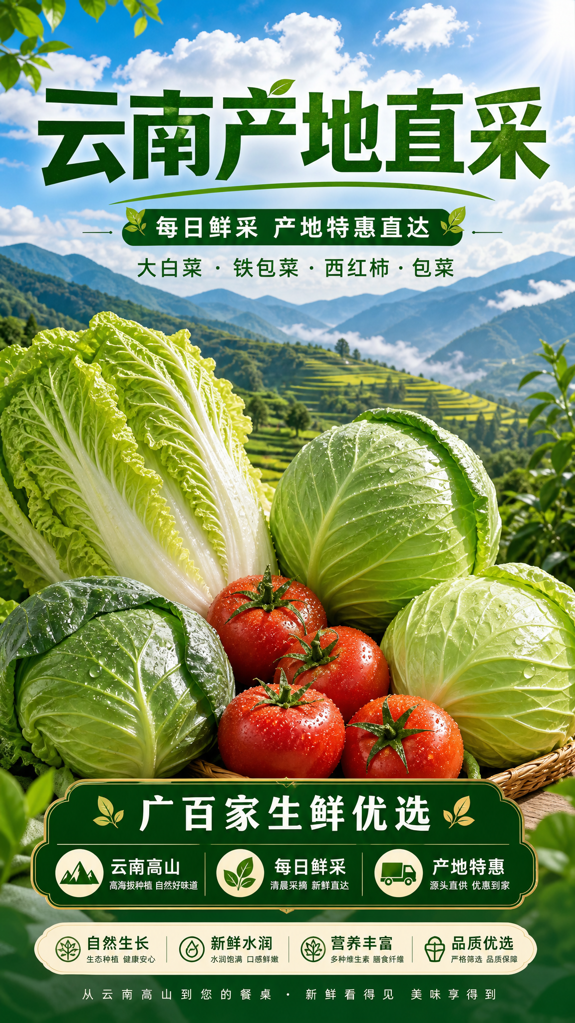 生鲜蔬菜宣传海报，写实商业摄影风格，9:16竖版。背景为壮丽的… - 图片创意预览