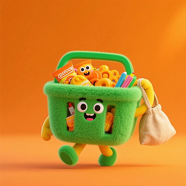 3D拟人化毛绒购物篮，萌趣十足，满载零食玩具，橙色背景衬托活泼氛围，充满童趣与双11节日欢庆感。