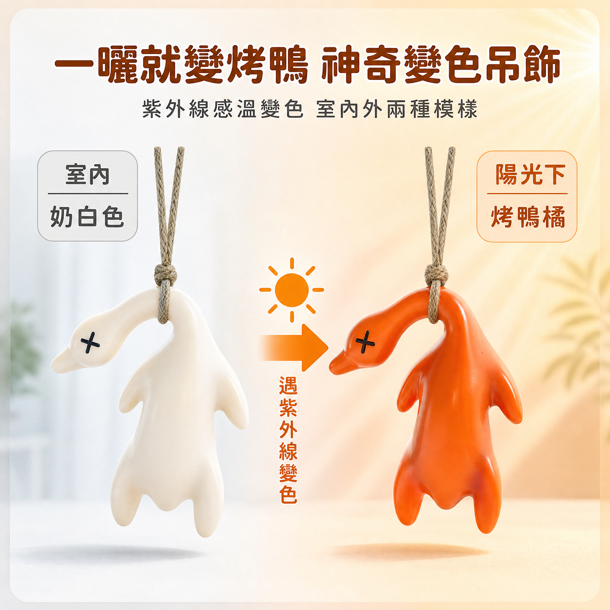 [主圖-2] 變色功能對比圖 室內白色 vs 曬太陽後烤鴨橘… - 图片创意预览