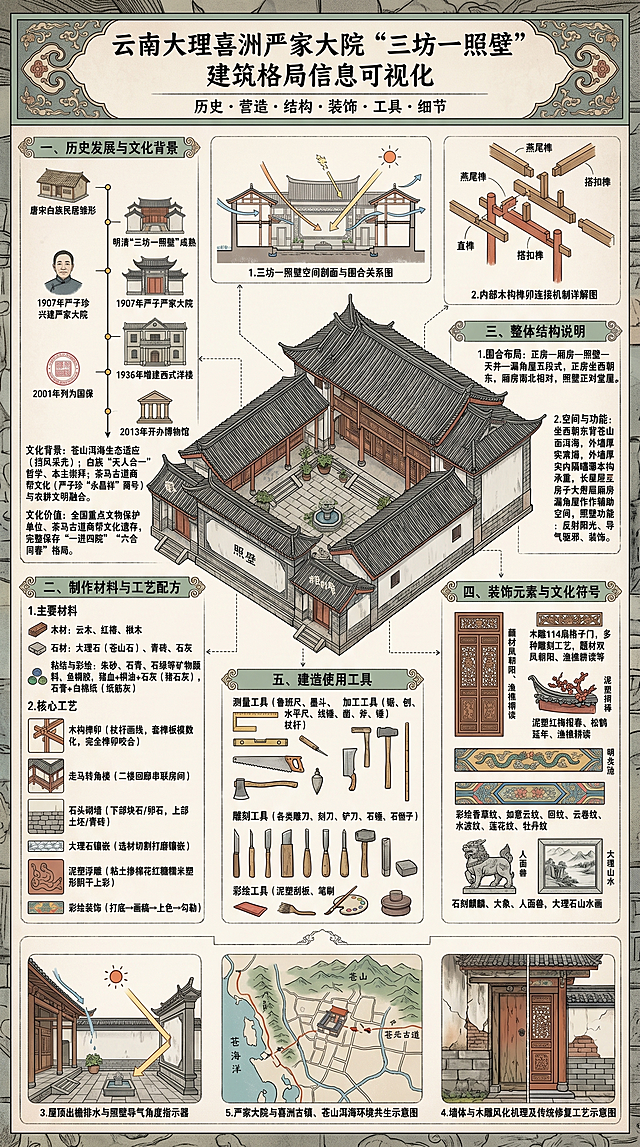 制作竖版A3云南大理喜洲严家大院“三坊一照壁”建筑格局信息可视化展板，按照要求分为五个核心板块并补充五个细节插图，完整包含以下内容：一、历史发展与文化背景：时间轴：唐宋白族民居雏形 → 明清“三坊一照壁”成熟 → 1907年严子珍兴建严家大院 → 1936年增建西式洋楼 → 2001年列为国保 → 2013年开办博物馆。文化背景：苍山洱海生态适应（挡风采光）；白族“天人合一”哲学、本主崇拜；茶马古道商帮文化（严子珍“永昌祥”商号）与农耕文明融合。文化价值：全国重点文物保护单位、茶马古道商帮文化遗存，完整保存“一进四院”“六合同春”格局。二、制作材料与工艺配方：1.主要材料：木材：云木、红椿、楸木；石材：大理石（苍山石）、青砖、石灰；粘结与彩绘：朱砂、石青、石绿等矿物颜料，鱼鳔胶，猪血+桐油+石灰（猪石灰），石膏+白棉纸（纸筋灰）。2.核心工艺：木构榫卯（杖杆画线，套榫板模数化，完全榫卯咬合），走马转角楼（二楼回廊串联房间），石头砌墙（下部块石/卵石，上部土坯/青砖），大理石镶嵌（选材切割打磨镶嵌），泥塑浮雕（粘土掺棉花红糖糯米塑形阴干上彩），彩绘装饰（打底→画稿→上色→勾勒）。三、整体结构说明：1.围合布局：正房—厢房—照壁—天井—漏角屋五段式，正房坐西朝东，厢房南北相对，照壁正对堂屋。2.空间与功能：坐西朝东背苍山面洱海，外墙厚实内隔墙薄木构承重，长辈居正房子女居厢房漏角屋作辅助空间，照壁功能：反射阳光、导气驱邪、装饰。四、装饰元素与文化符号：木雕114扇格子门，多种雕刻工艺，题材双凤朝阳、渔樵耕读等；泥塑红梅报春、松鹤延年、渔樵耕读；彩绘香草纹、如意云纹、回纹、云卷纹、水波纹、莲花纹、牡丹纹；石刻麒麟、大象、人面兽，大理石山水画；对应文化寓意完整标注。五、建造使用工具：分类展示测量工具（鲁班尺、墨斗、水平尺、线锤、杖杆）、加工工具（锯、刨、凿、斧、锤）、雕刻工具（各类雕刀、刻刀、铲刀、石锤、石凿、錾子、磨石）、彩绘工具（泥塑刮板、笔刷、调色盘、研磨器），并标注各工具在对应建造环节的应用。第五板块五个细节插图围绕中心主图布置，引线标注：1.三坊一照壁空间剖面与围合关系图，标注光线路径、通风排水、回廊动线。2.内部木构榫卯连接机制详解图，轴测剖切展示燕尾榫、直榫、搭扣榫节点。3.屋顶出檐排水与照壁导气角度指示器，标注出檐角度与反射阳光路径。4.墙体与木雕风化机理及传统修复工艺示意图。5.严家大院与喜洲古镇、苍山洱海环境共生示意图，标注具体位置及周边地标、茶马古道线路。整体风格：复古、精致、高信息密度，手绘风格插画，文字专业清晰，色彩为大地色系与木色调：青石灰、苍山黛、赭石、土黄为基底，辅以朱砂红、鎏金，保留青瓦白墙素雅感。排版：标题顶部居中，一至四板块对称排列，五个细节图围绕中心主图（三坊一照壁全景图）布置，边框与分割线提取白族木雕香草纹、如意云纹、回纹。参考上传三张示例图的排版与信息可视化风格，修正现有文字错误，完善所有内容细节。