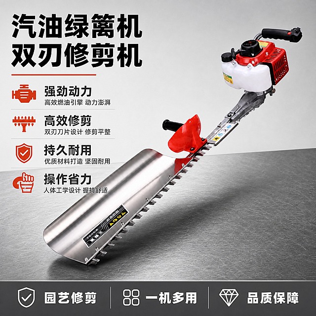 [主图-1] 汽油绿篱机首图点击率海报，突出专业园艺器械品质感与强劲动力。
[统一基调] 五金器械专业风，浅灰渐变背景配深灰工作台面，主标题深黑色粗体无衬线字，辅助文案深灰色，强调色用工业橙红色，整体高信息密度满版构图，字体统一为粗黑无衬线体，字号层级分明。
[画面] 主体汽油绿篱机斜向放置在画面中央偏右，占画面约70%，刀刃朝向左下方，发动机朝向右上方，完整展示双刃刀片、红色发动机、白色油箱、黑色握把与银色金属护板；背景为浅灰色渐变，底部有深灰色金属工作台面投影，产品自然放置不悬浮；左上角放产品名称大标题，标题下方排列4个核心卖点图标短句，底部通栏放一行品牌服务承诺条。
[光影质感] 商业产品摄影质感，主光从左上方打来，金属刀刃有清晰高光反射，塑料发动机部分有明暗过渡，底部有柔和接触阴影，整体光线明亮干净，突出金属与塑料材质对比。
[配色] 背景浅灰渐变，台面深灰色；主标题黑色，辅助文字深灰色，强调图标与卖点条用橙红色点缀；产品本身红白银黑配色保持原样。
[文字版式] 左上角主标题"汽油绿篱机 双刃修剪机"超大粗黑字；标题下方竖排4个卖点短句配小图标：强劲动力、高效修剪、持久耐用、操作省力；底部通栏浅灰底白字写"园艺修剪 一机多用 品质保障"；所有文字横排，不遮挡产品主体关键部位。
[输出要求] 1:1正方形，2K分辨率，产品清晰不变形，文字清晰可读，无水印无平台Logo，无多余杂物，画面干净专业。